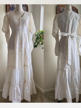 Gunne sax 1970s Lace-Panel Cream Maxi Dress with Puff Sleeves